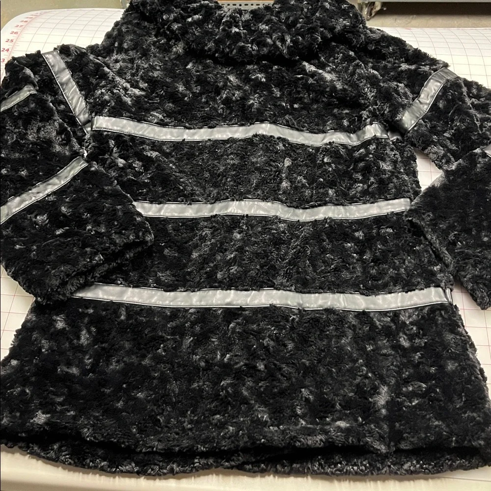 BETSEY JOHNSON Penny Lane Faux Mongolian Fur/Leather Mod Wide Collar BLK Coat S - Picture 7 of 16
